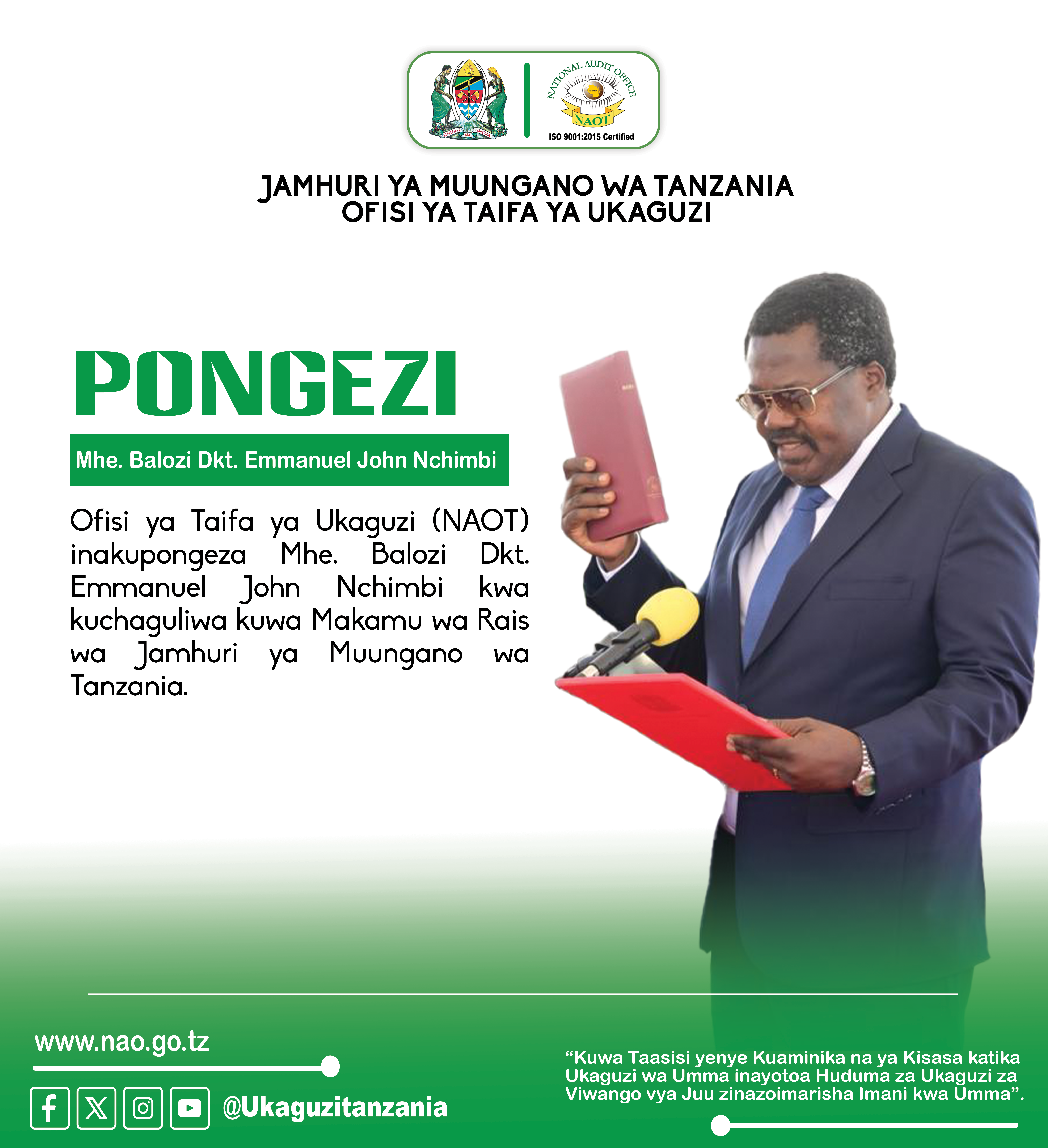 Salamu za Pongezi kwa Makamu wa Rais wa Jamhuri ya Muungano Tanzania, Mhe. Balozi Dkt. Emmanuel John Nchimbi.