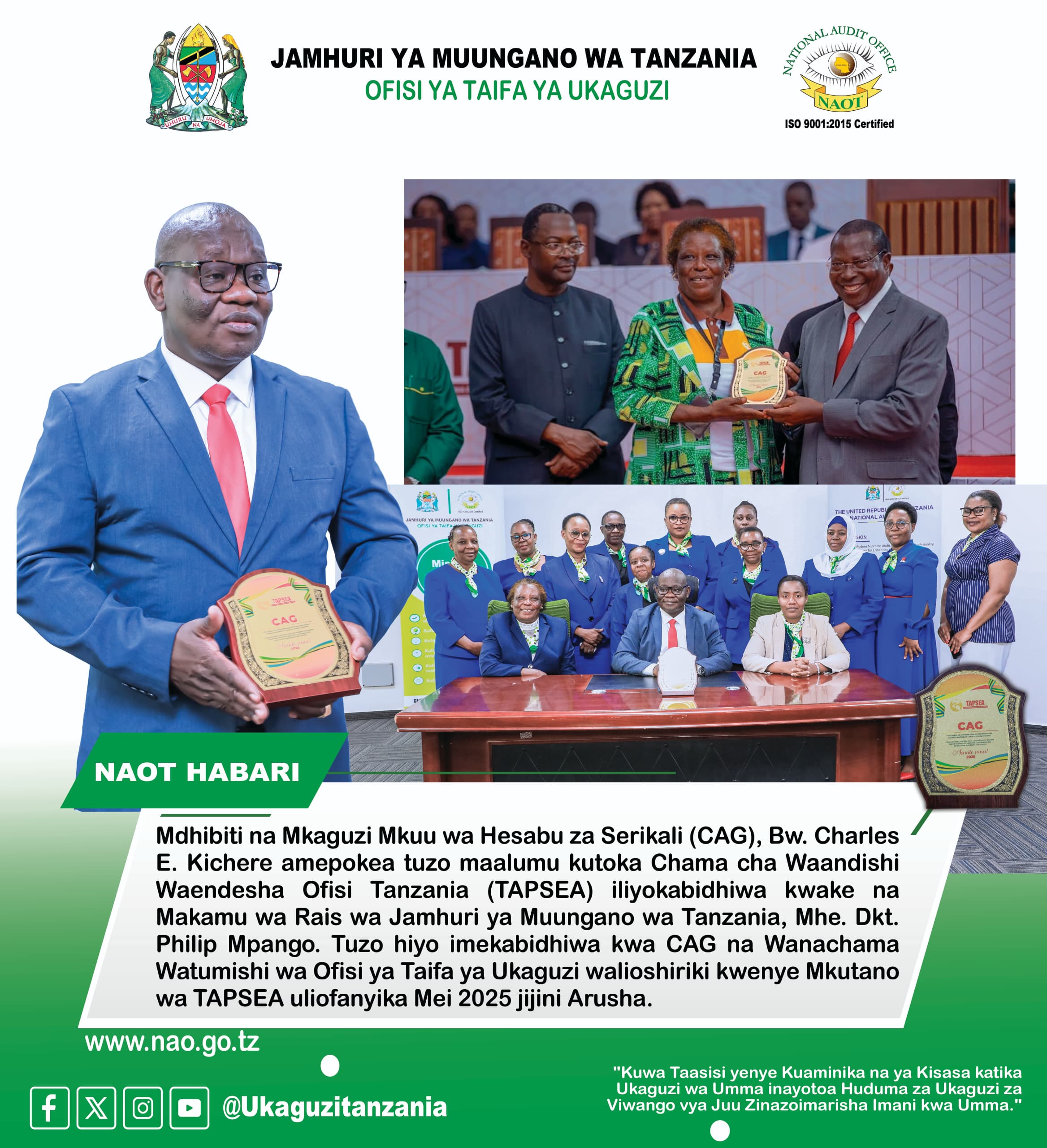 Mdhibiti na Mkaguzi Mkuu wa Hesabu za Serikali (CAG), CPA Adv. Charles E. Kichere Apokea Tuzo Maalum kutoka TAPSEA.